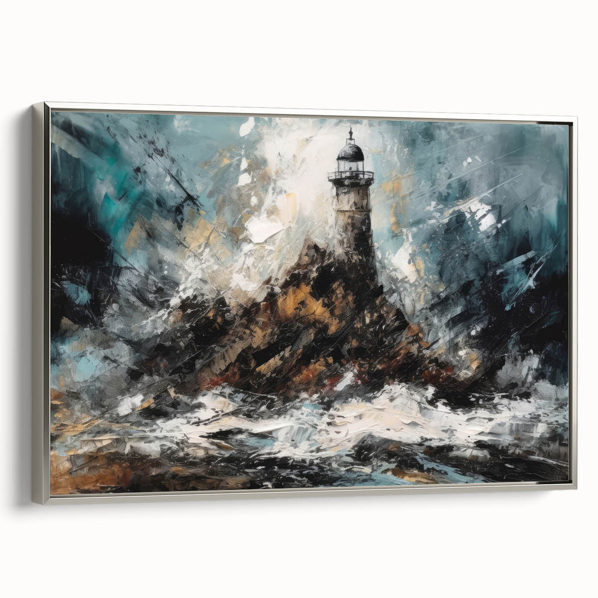 Framed canvas wall art showcasing a silver lighthouse design, featuring vibrant colors and intricate details, ideal for coastal-themed decor in living spaces.