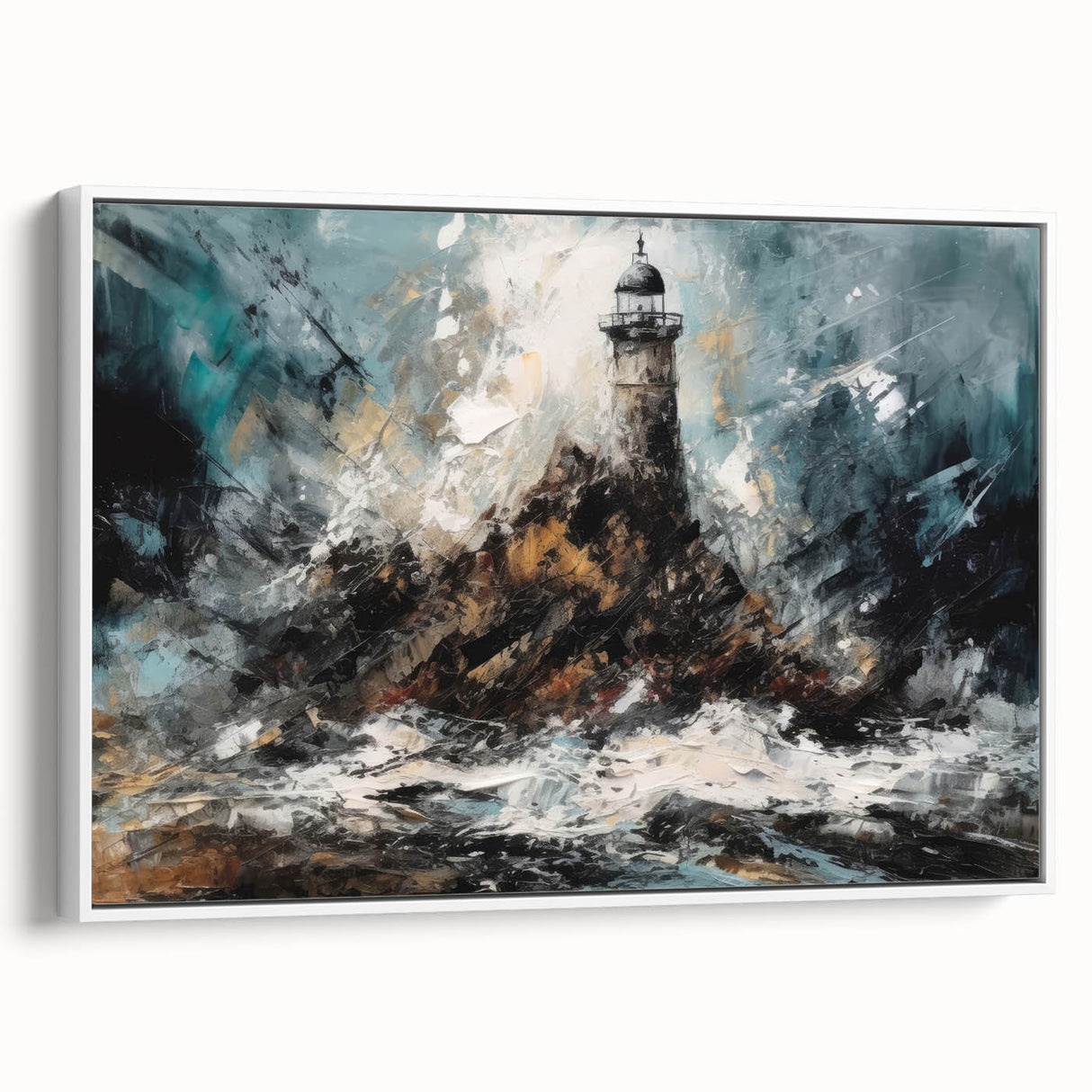 Framed canvas wall art showcasing a serene lighthouse design with vibrant coastal colors, perfect for enhancing home decor with a seaside theme.