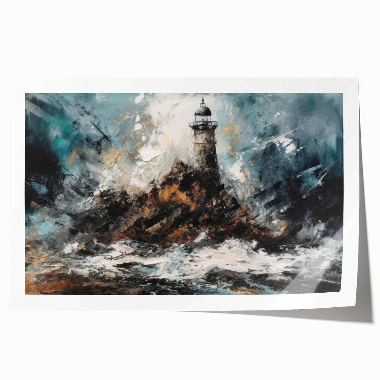 Rolled print of a serene coastal landscape featuring a lighthouse, colorful sky, and ocean waves, designed for wall art collection, ideal for home decor.