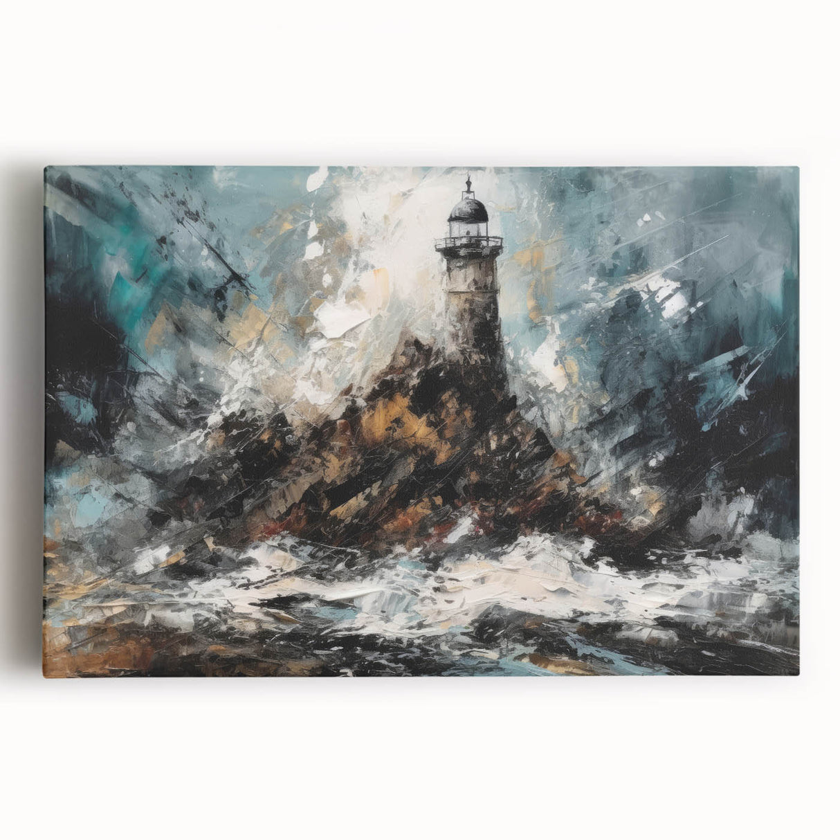 Stretched canvas wall art showcasing a vibrant lighthouse design against a serene seascape, ideal for coastal-themed home decor, enhancing any living space.