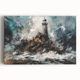 Stretched canvas wall art showcasing a vibrant lighthouse design against a serene seascape, ideal for coastal-themed home decor, enhancing any living space.