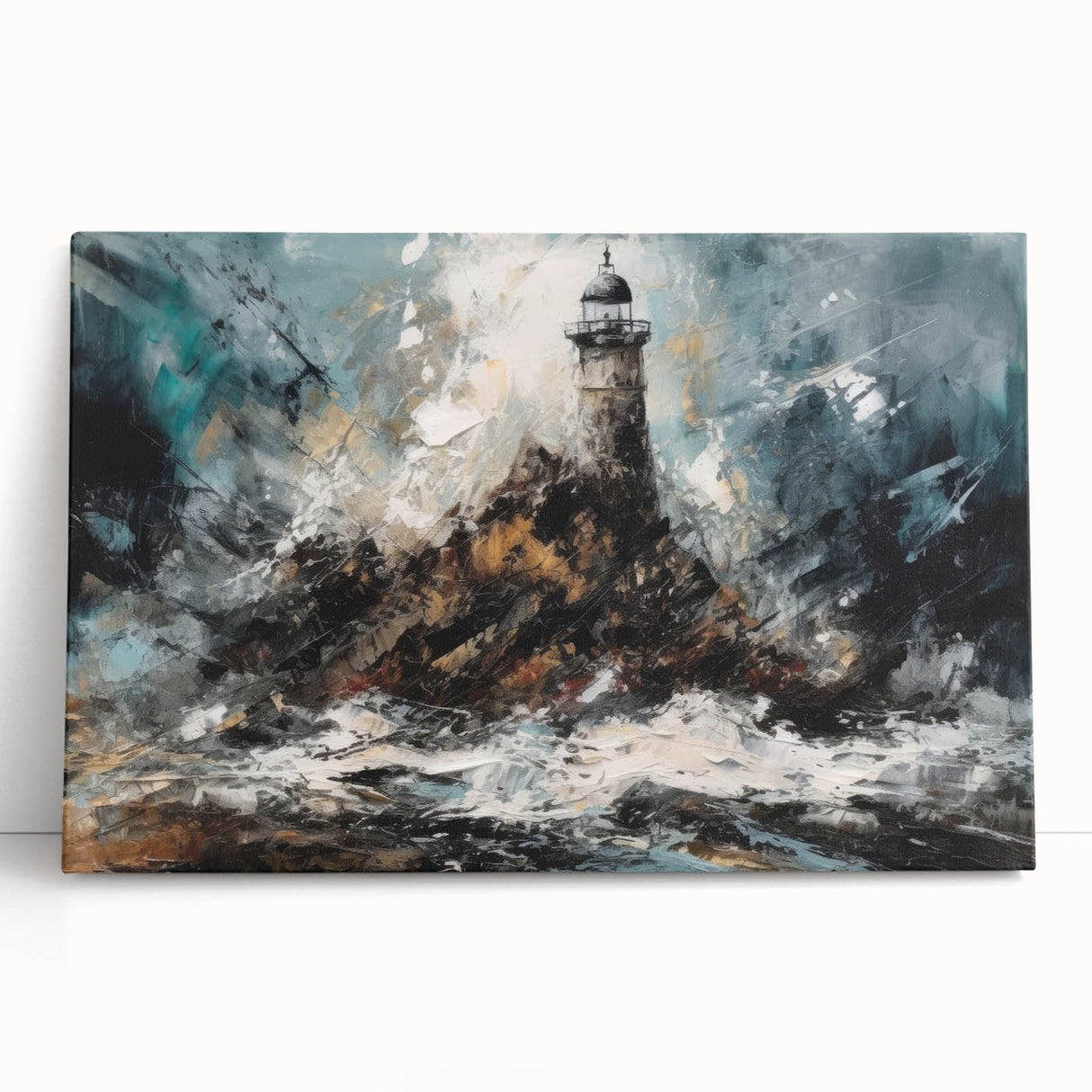 Stretched canvas wall art featuring a serene coastal landscape with a vibrant lighthouse, ideal for home decor, evoking tranquility and inspiration.