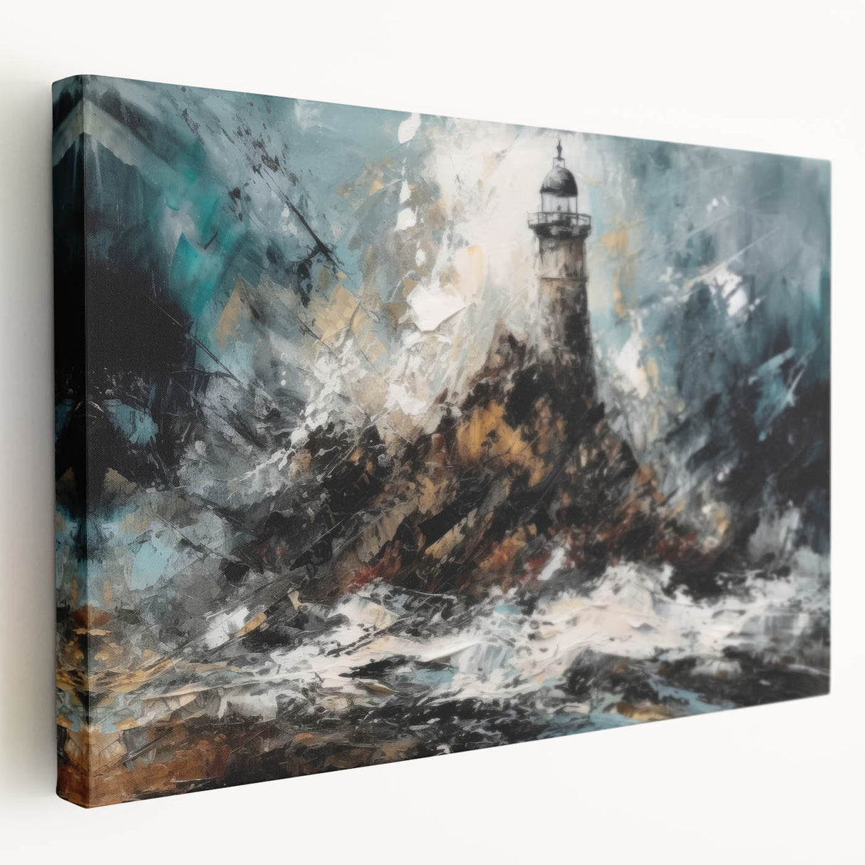 Stretched canvas wall art depicting a serene lighthouse landscape with vibrant colors and intricate details, perfect for coastal-themed decor or nautical aesthetics.