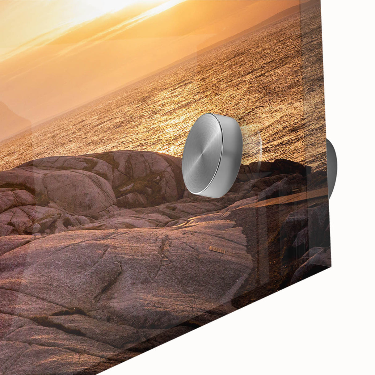 Close-up of a vibrant acrylic glass wall art piece featuring a scenic lighthouse landscape design, showcasing vivid colors and intricate details perfect for home decor.