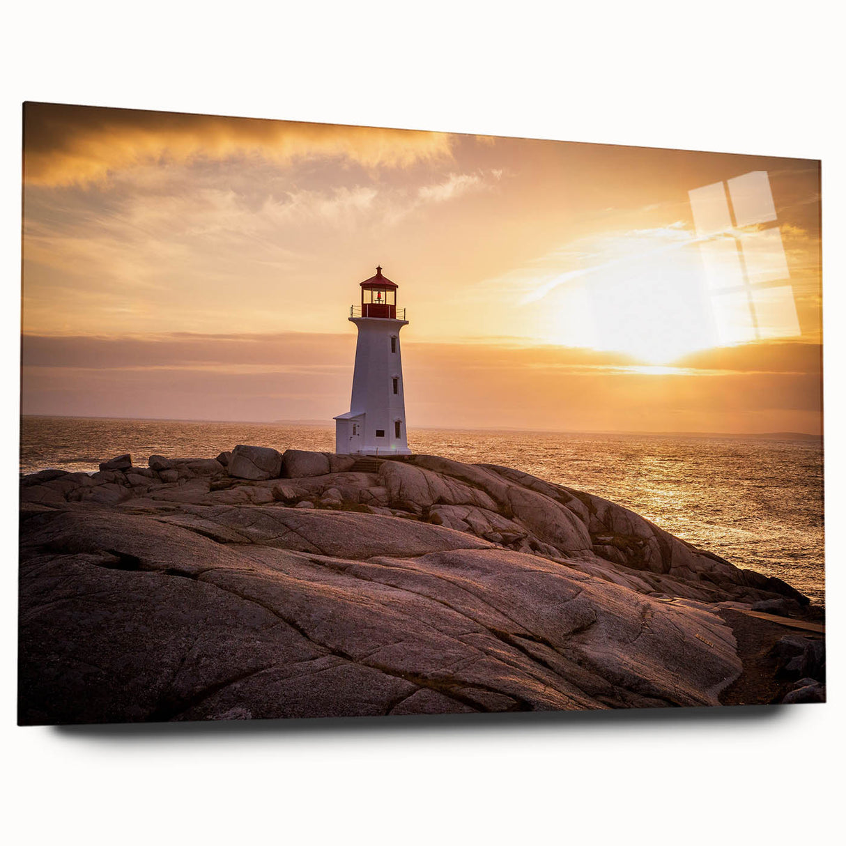 Acrylic glass wall art featuring a serene lighthouse landscape design, showcasing vibrant colors and fine details, ideal for coastal-themed decor.