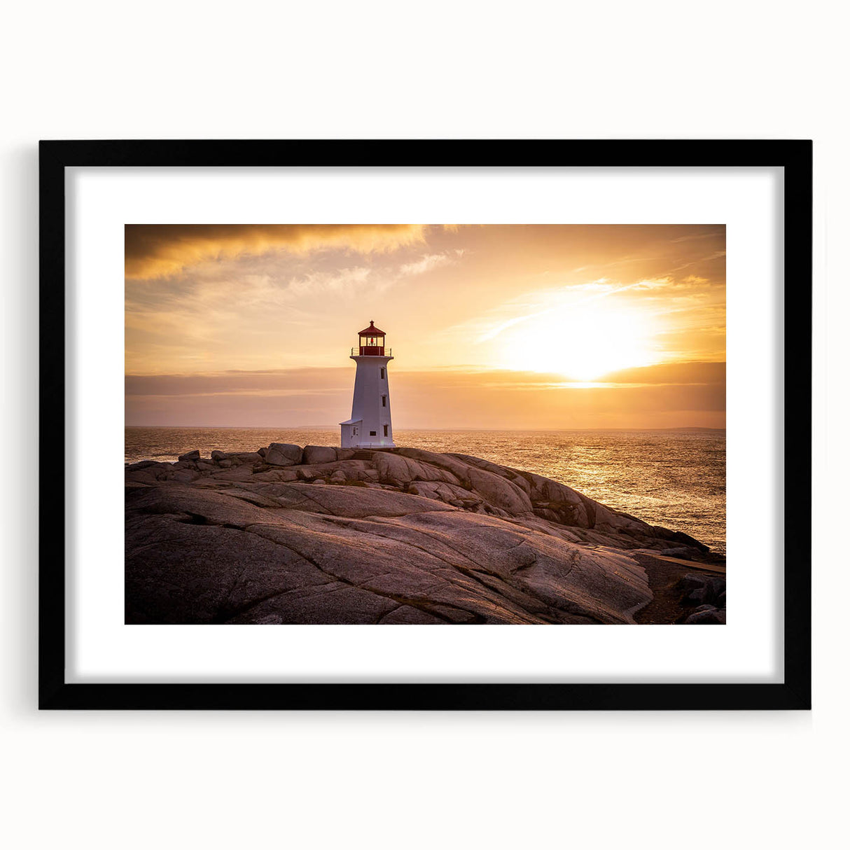 Framed wall art featuring a serene lighthouse landscape design with a black mat, perfect for coastal-themed decor, enhancing any living space ambiance.