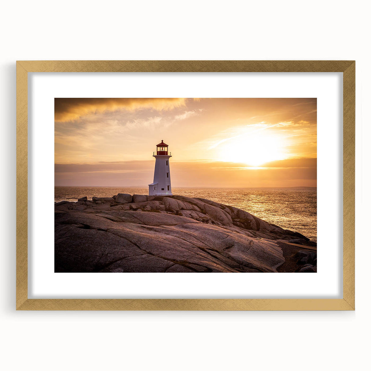 Elegant gold-framed wall art featuring a serene lighthouse landscape design, perfect for enhancing home decor. The artwork includes a white mat for a polished look, emphasizing the calming coastal scene.