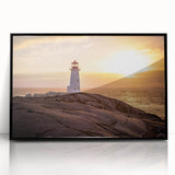 Framed black acrylic wall art showcasing a stunning lighthouse landscape design, ideal for home decor, adding a coastal charm to any room setting.