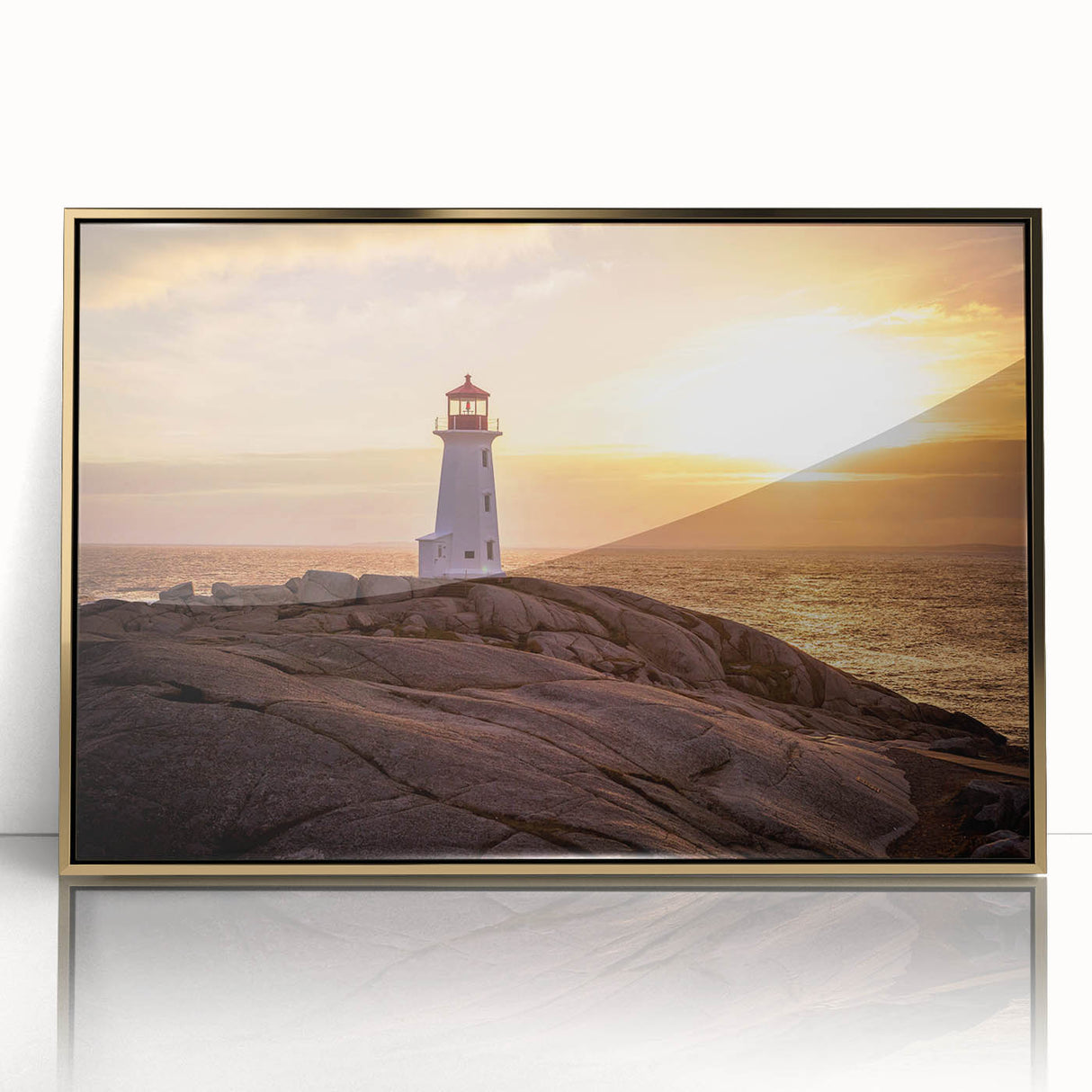 Framed wall art featuring a coastal landscape with a lighthouse, designed in a gold-acrylic finish, showcasing vibrant colors and intricate details for home decor.