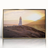 Framed wall art featuring a coastal landscape with a lighthouse, designed in a gold-acrylic finish, showcasing vibrant colors and intricate details for home decor.