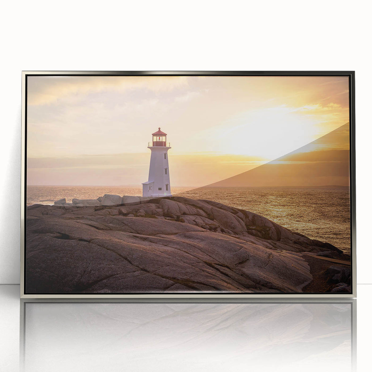 Framed acrylic wall art featuring a serene lighthouse design set against a colorful landscape, perfect for coastal-themed home decor. The artwork showcases vibrant colors and intricate details that evoke a sense of tranquility and adventure.