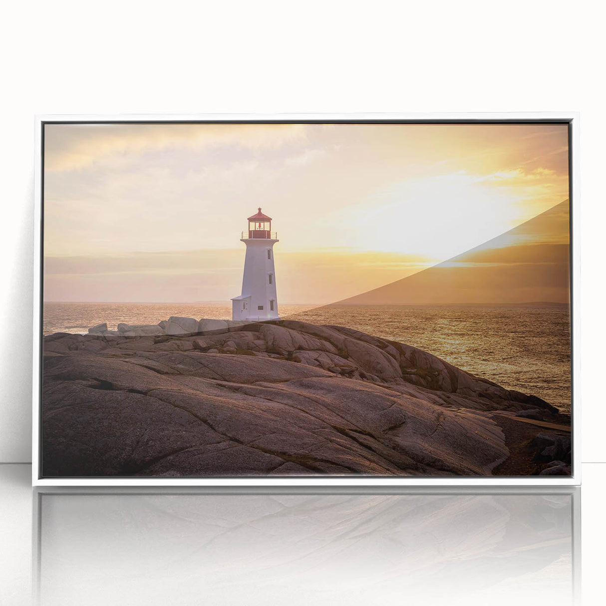 Framed acrylic wall art of a serene lighthouse landscape, featuring vibrant blues and whites, perfect for nautical-themed decor, showcasing calming coastal vibes.