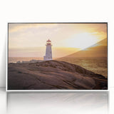 Framed acrylic wall art of a serene lighthouse landscape, featuring vibrant blues and whites, perfect for nautical-themed decor, showcasing calming coastal vibes.