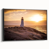 Framed canvas wall art featuring a serene lighthouse design, showcasing vibrant colors against a sunset backdrop. Ideal for coastal-themed home decor.