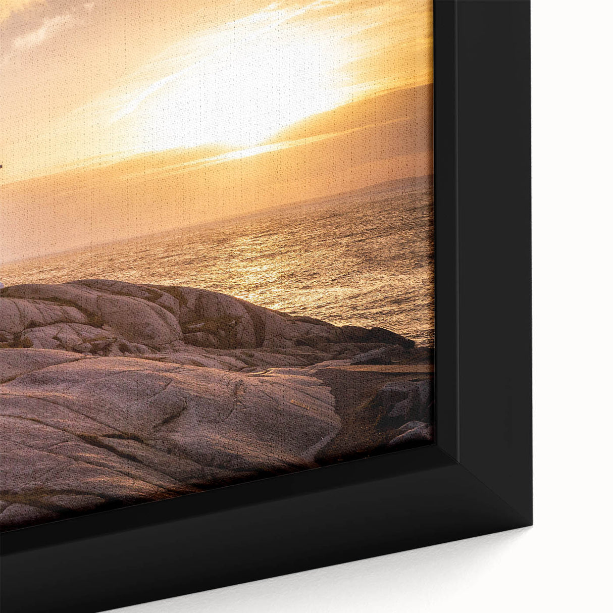 Close-up of a framed canvas wall art featuring a serene lighthouse design, showcasing vibrant colors and intricate details, perfect for coastal-themed decor.