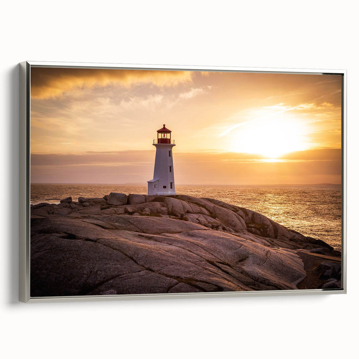 Framed canvas wall art showcasing a serene lighthouse design against a coastal landscape, featuring silver accents and a modern aesthetic, perfect for home décor.