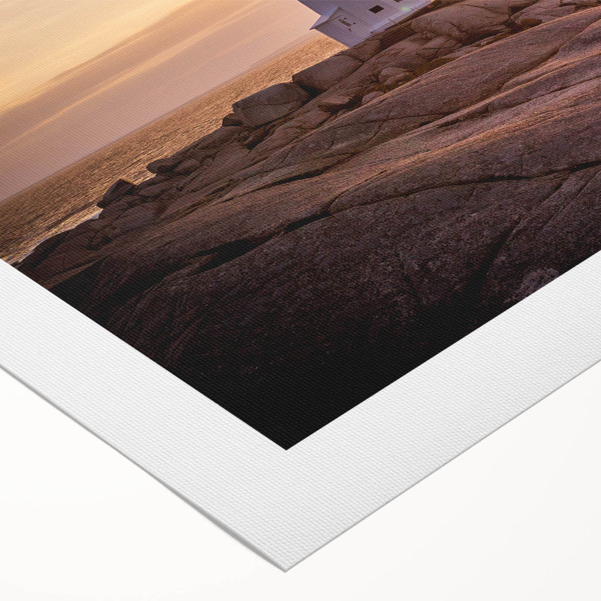 Vibrant rolled canvas wall art showcasing a serene lighthouse landscape design, featuring soft blues and warm sunset hues, perfect for coastal decor.