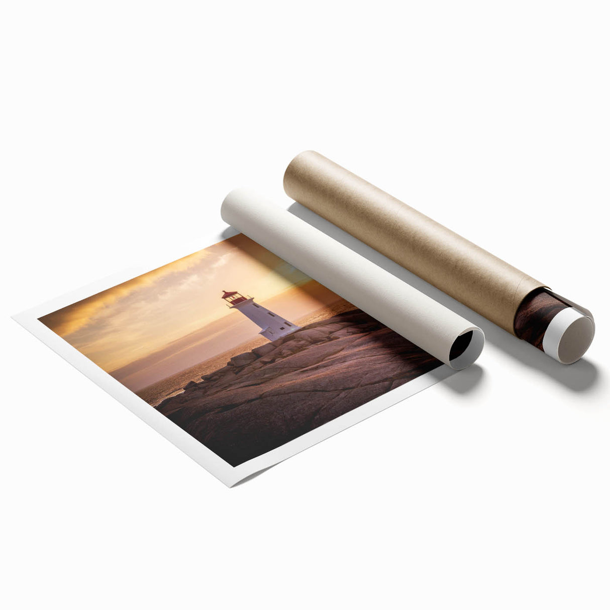 Lighthouse wall art print showcasing a serene coastal landscape with vibrant colors, ideal for home decor or office spaces, presented in a rolled format for easy framing.