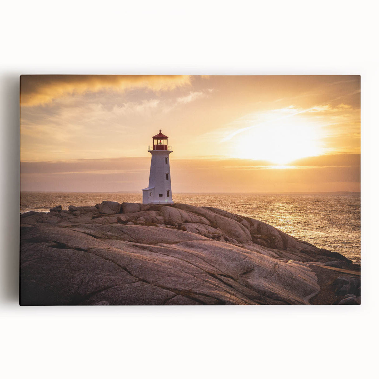 Vibrant stretched canvas wall art featuring a serene lighthouse design amidst a coastal landscape, perfect for home decor and nautical themes.