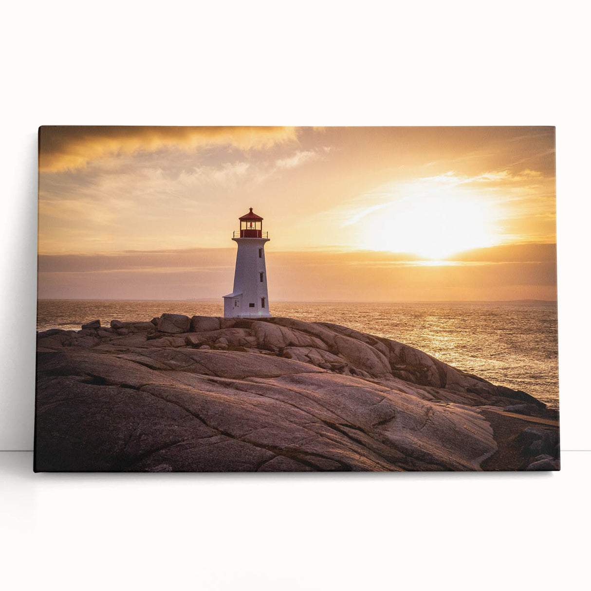 Stretched canvas wall art featuring a serene lighthouse design surrounded by lush landscapes, perfect for nautical-themed home decor. Ideal for enhancing any coastal interior.