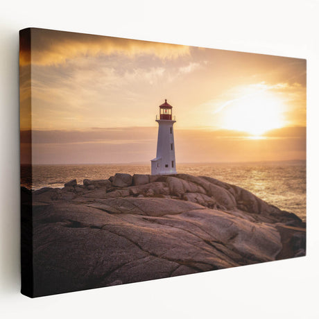 Rustic lighthouse wall art on stretched canvas showcases a serene coastal scene with soft pastel colors and intricate details, perfect for home decor.