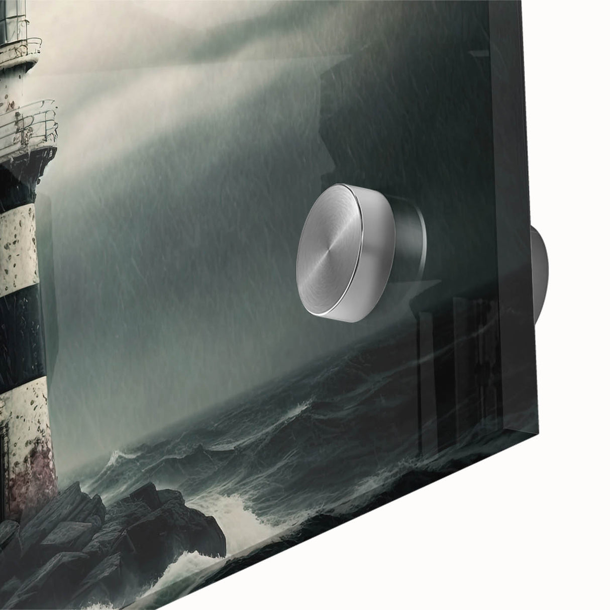 Close-up of a vibrant acrylic glass wall art piece depicting a serene lighthouse landscape, featuring rich colors and intricate details, perfect for home decor.