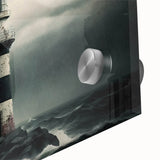 Close-up of a vibrant acrylic glass wall art piece depicting a serene lighthouse landscape, featuring rich colors and intricate details, perfect for home decor.