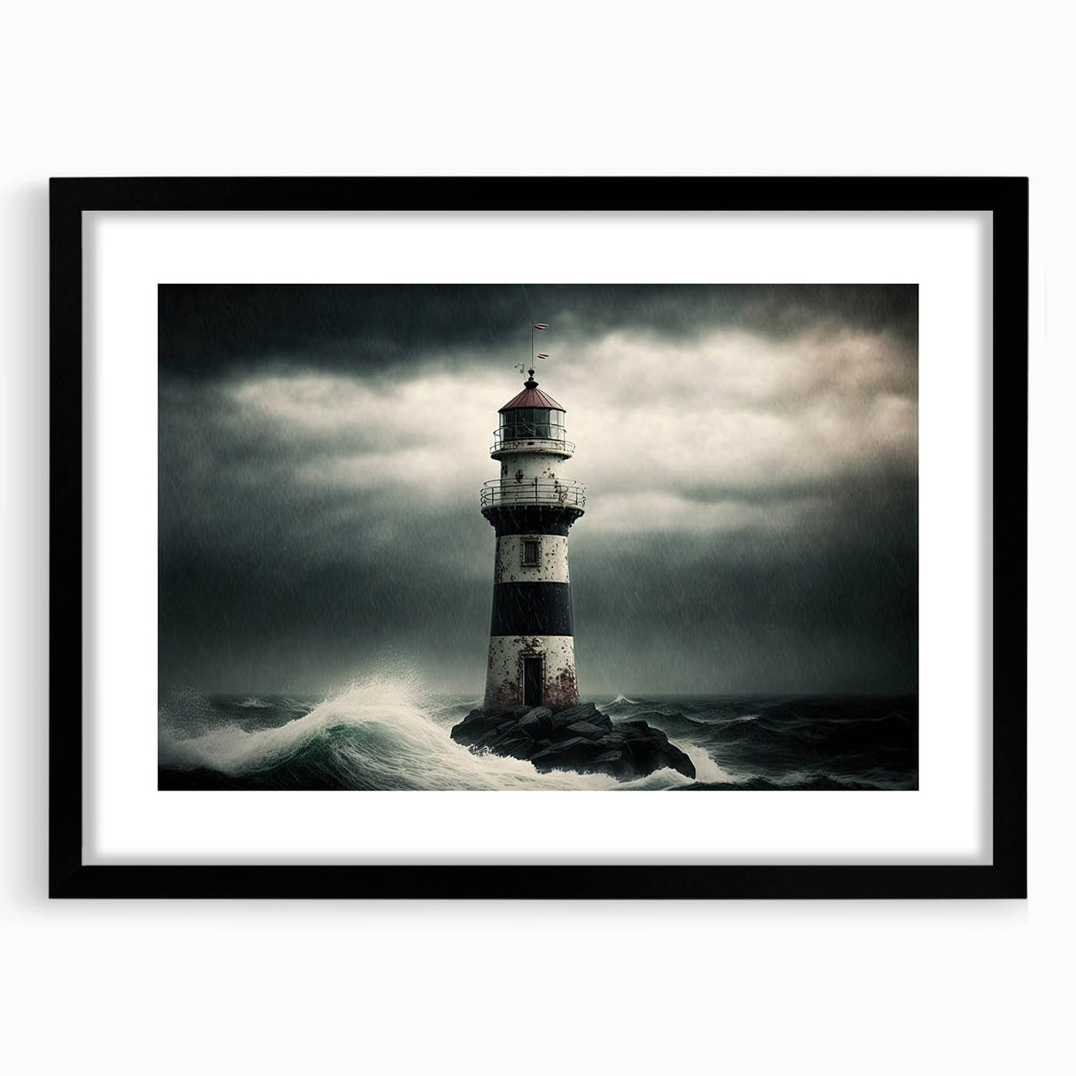 Framed black wall art showcasing a serene lighthouse landscape, featuring a mat for added depth and elegance, perfect for coastal-themed decor.