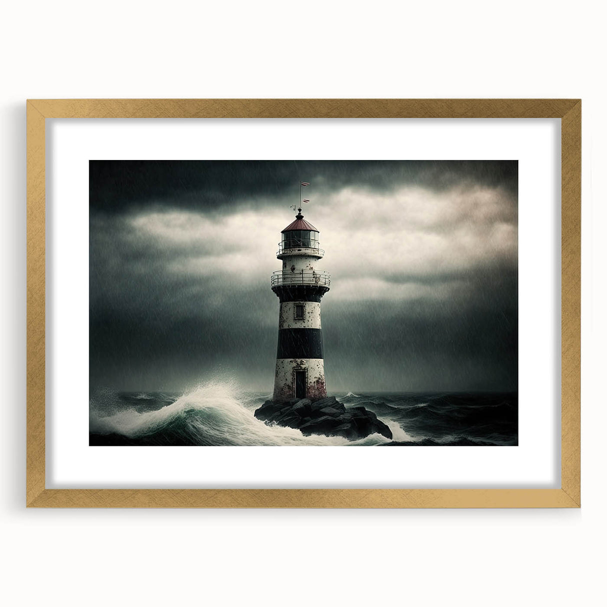 Elegant wall art collection featuring a lighthouse design in a gold frame with a mat, showcasing serene coastal landscapes. Ideal for home decor and nautical themes.