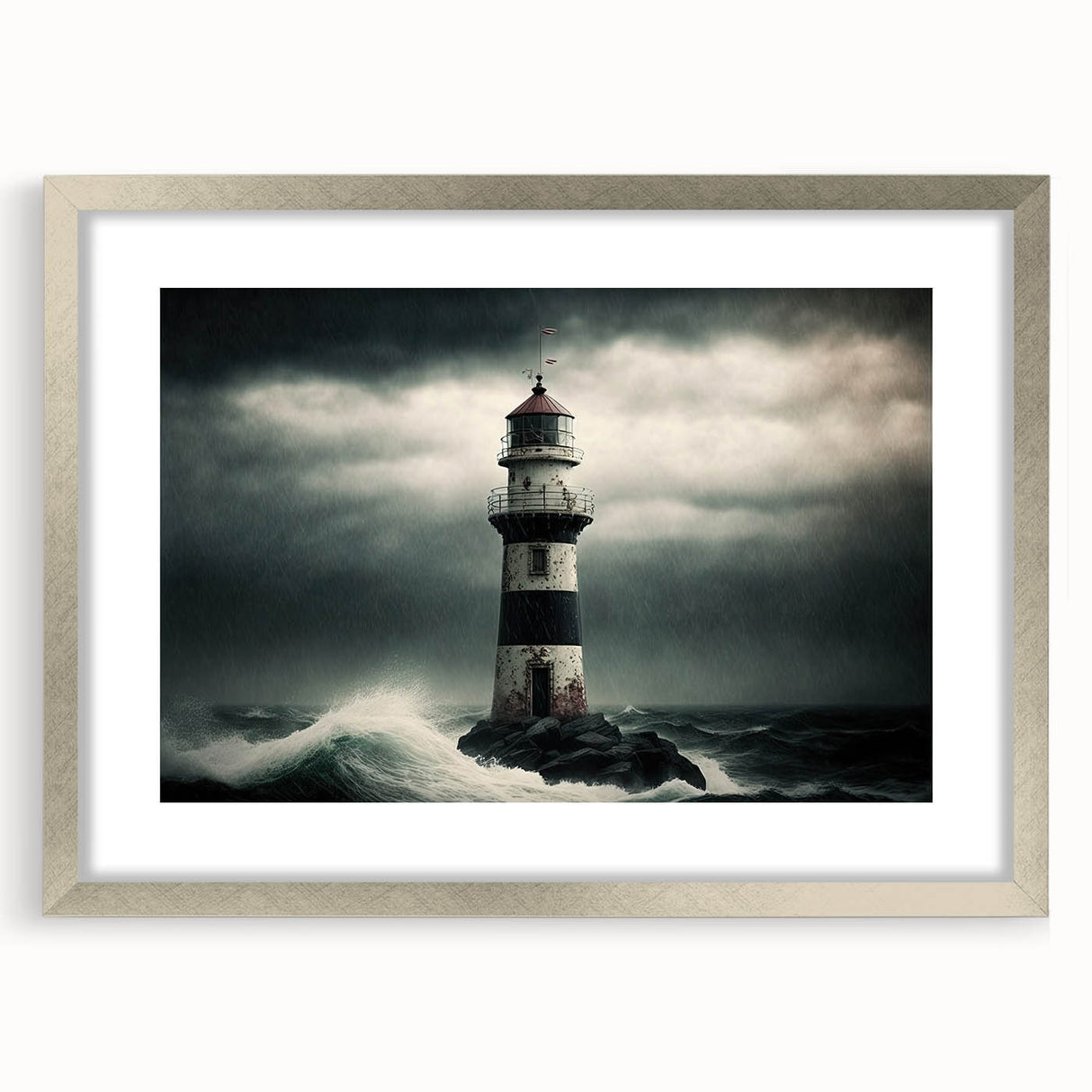 Framed silver wall art featuring a serene lighthouse landscape design, perfect for coastal-themed decor. The piece includes a mat for an elegant finish and enhances any room's ambiance.