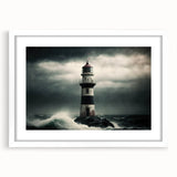 Framed wall art showcasing a serene lighthouse landscape design with a white mat, perfect for coastal decor. Aesthetic addition to living room or office spaces.