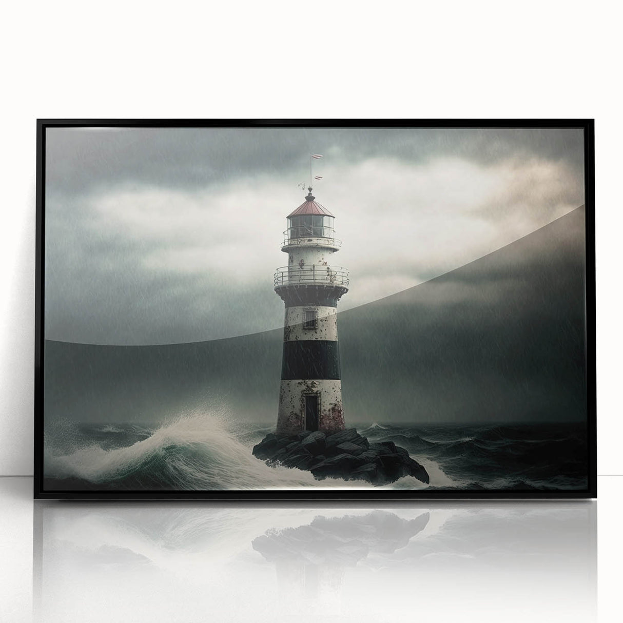 Framed acrylic wall art featuring a scenic lighthouse design with vibrant colors, set against a tranquil ocean backdrop, perfect for coastal-themed decor.