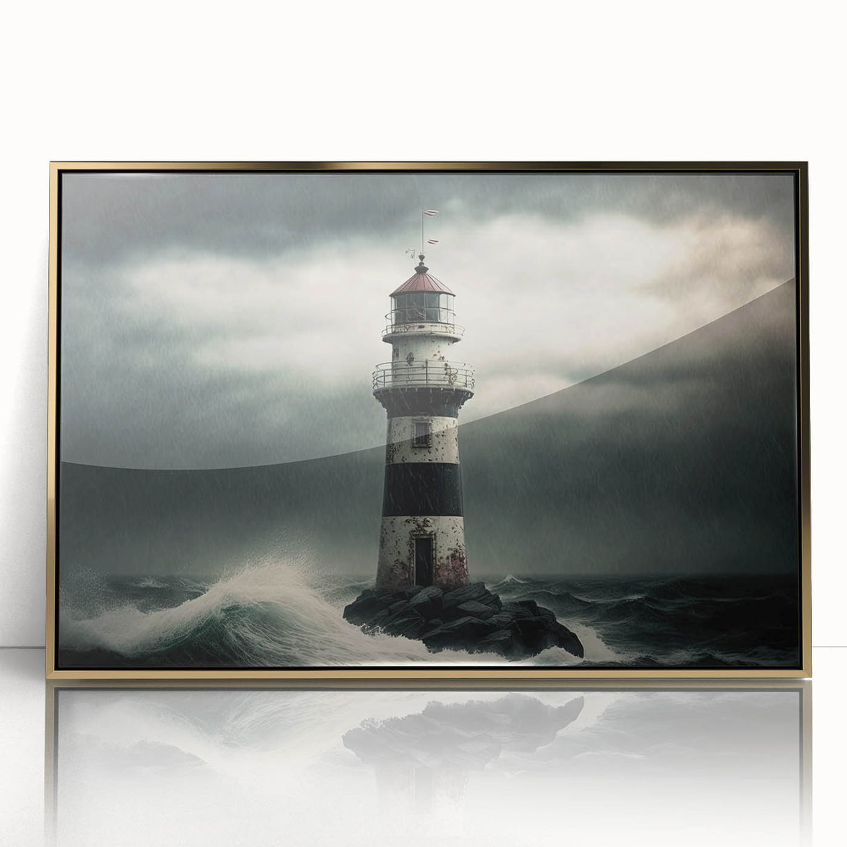 Framed wall art showcasing a coastal lighthouse design with vibrant colors, set in a sleek gold frame, ideal for enhancing modern home decor.