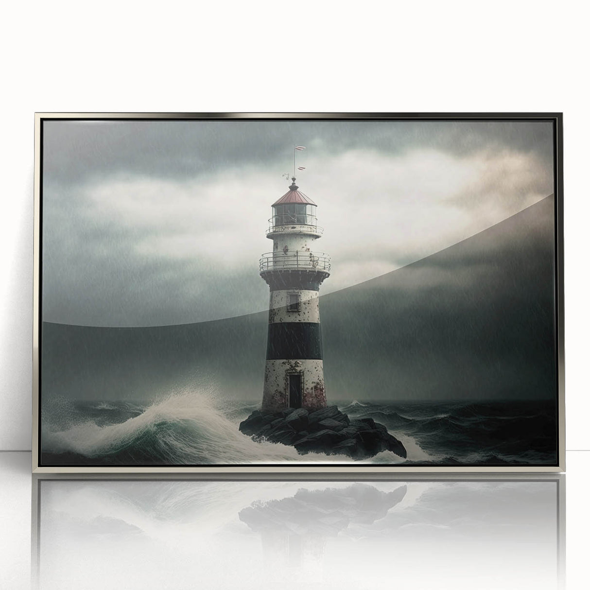 Framed acrylic wall art depicting a scenic lighthouse design with coastal landscapes, featuring a sleek silver frame, perfect for nautical-themed home decor.