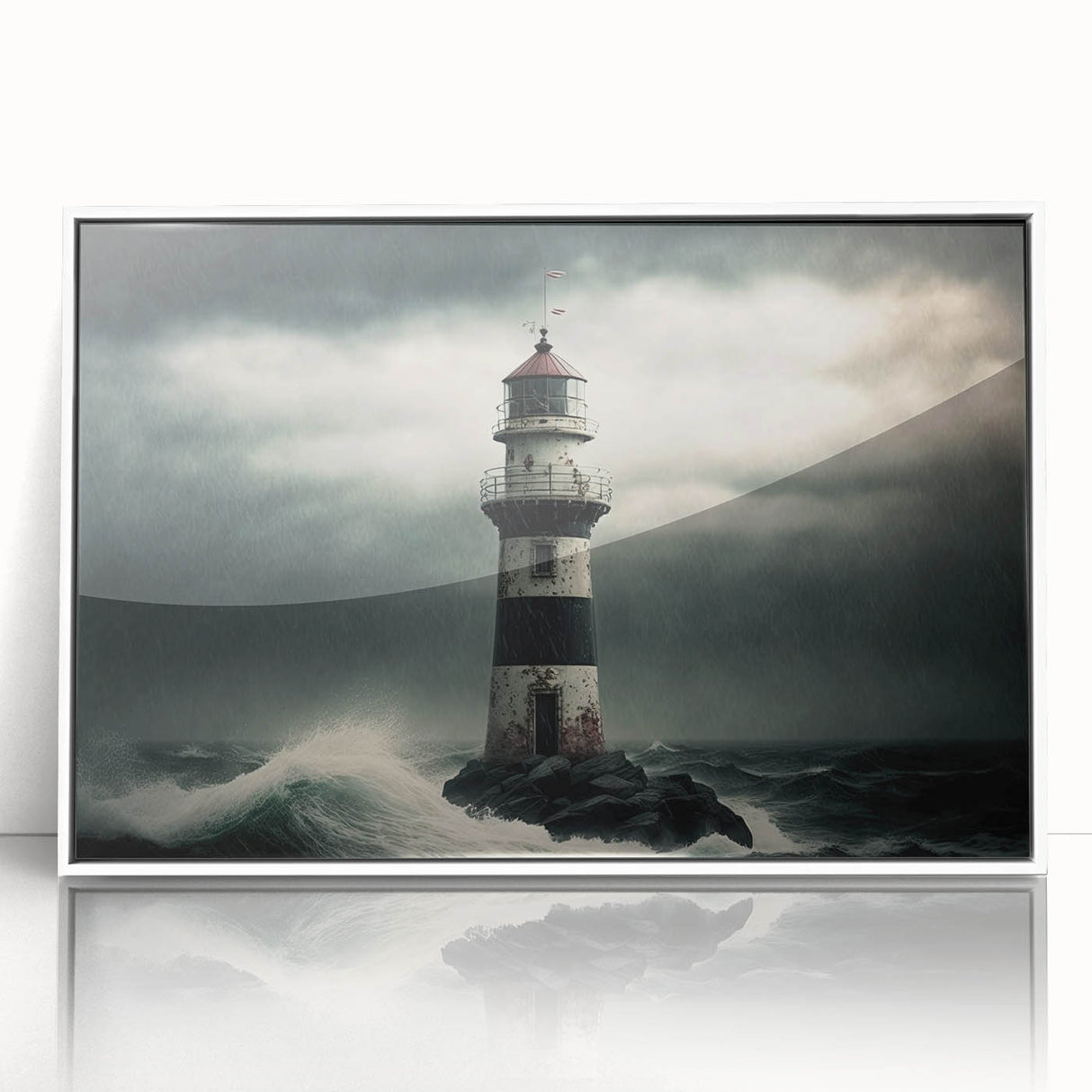 Framed acrylic wall art showcasing a vibrant lighthouse design, set against a serene coastal landscape with a white frame, perfect for nautical-themed decor.