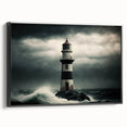 Framed canvas wall art featuring a serene lighthouse landscape design with vibrant colors, showcasing a black frame and a side view perspective, perfect for coastal decor.