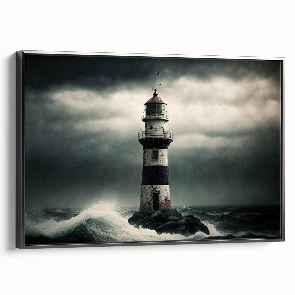 Framed canvas wall art featuring a serene lighthouse landscape design with vibrant colors, showcasing a black frame and a side view perspective, perfect for coastal decor.