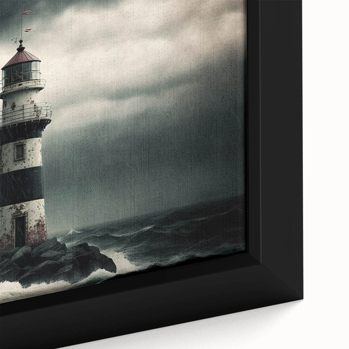 Framed canvas wall art showcasing a serene lighthouse design amidst a vibrant coastal landscape, featuring rich colors and intricate details for a calming home décor accent.
