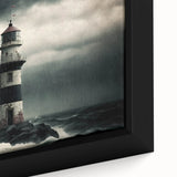 Framed canvas wall art showcasing a serene lighthouse design amidst a vibrant coastal landscape, featuring rich colors and intricate details for a calming home décor accent.