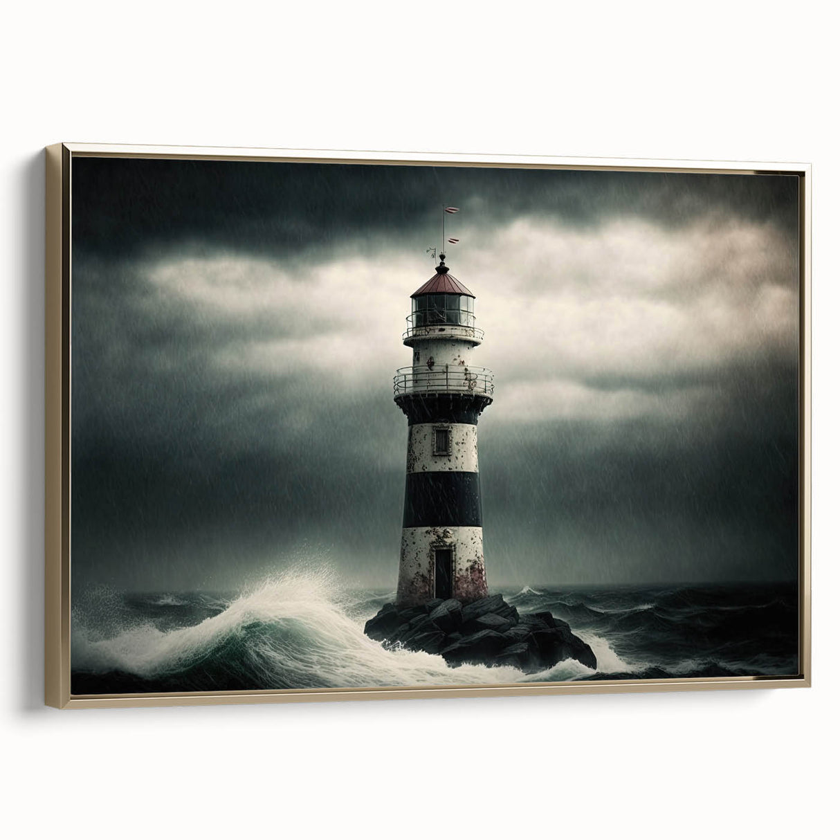 Framed canvas wall art featuring a picturesque lighthouse design, elegantly complemented by a gold frame, ideal for coastal-themed home decor. The scene captures the serene beauty of the ocean with vibrant colors and intricate details, enhancing any living space.