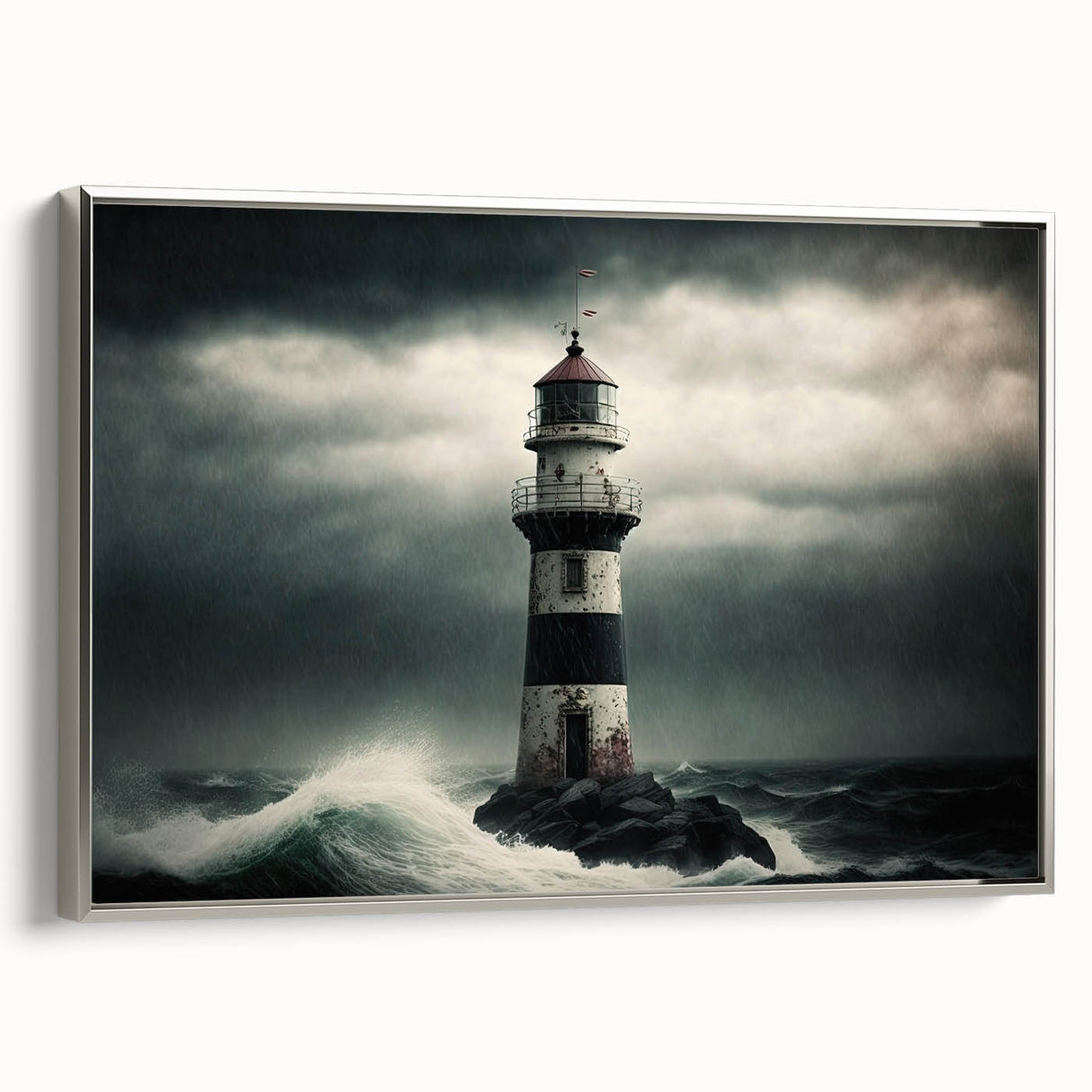 Framed canvas wall art featuring a silver lighthouse design, showcasing a serene coastal landscape with soft blue and gray tones, perfect for nautical-themed decor.