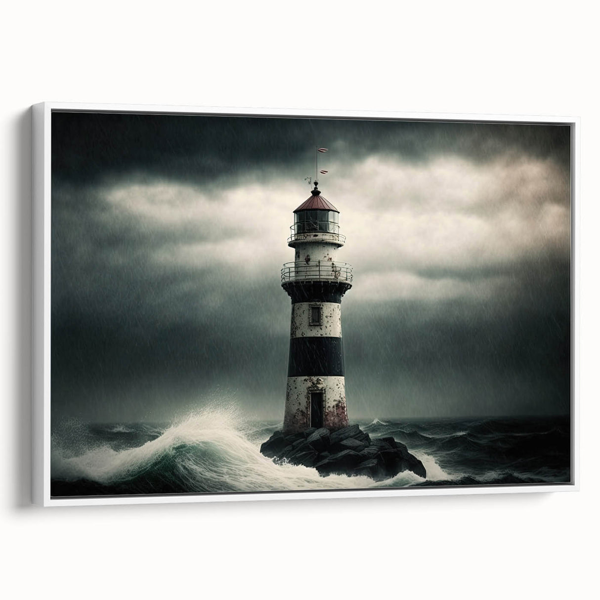 Framed canvas wall art showcasing a serene lighthouse landscape with vibrant colors against a white background, perfect for coastal-themed home decor.