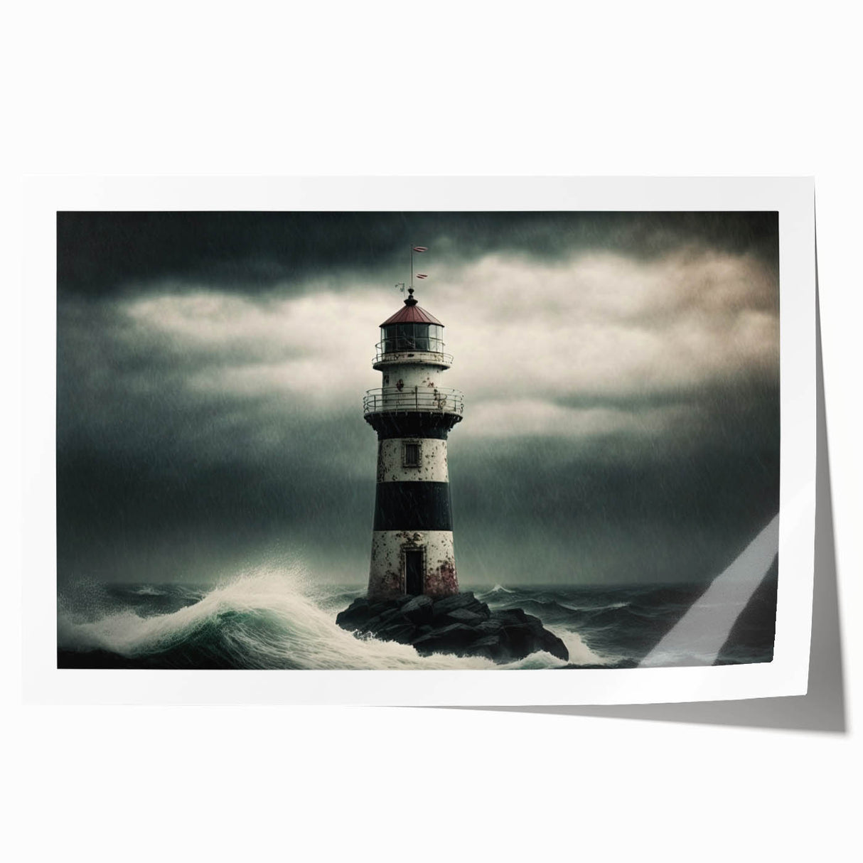 Lighthouse wall art print showcasing a vibrant coastal landscape with dramatic skies, perfect for home decor enthusiasts seeking nautical themes.