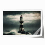 Lighthouse wall art print showcasing a vibrant coastal landscape with dramatic skies, perfect for home decor enthusiasts seeking nautical themes.