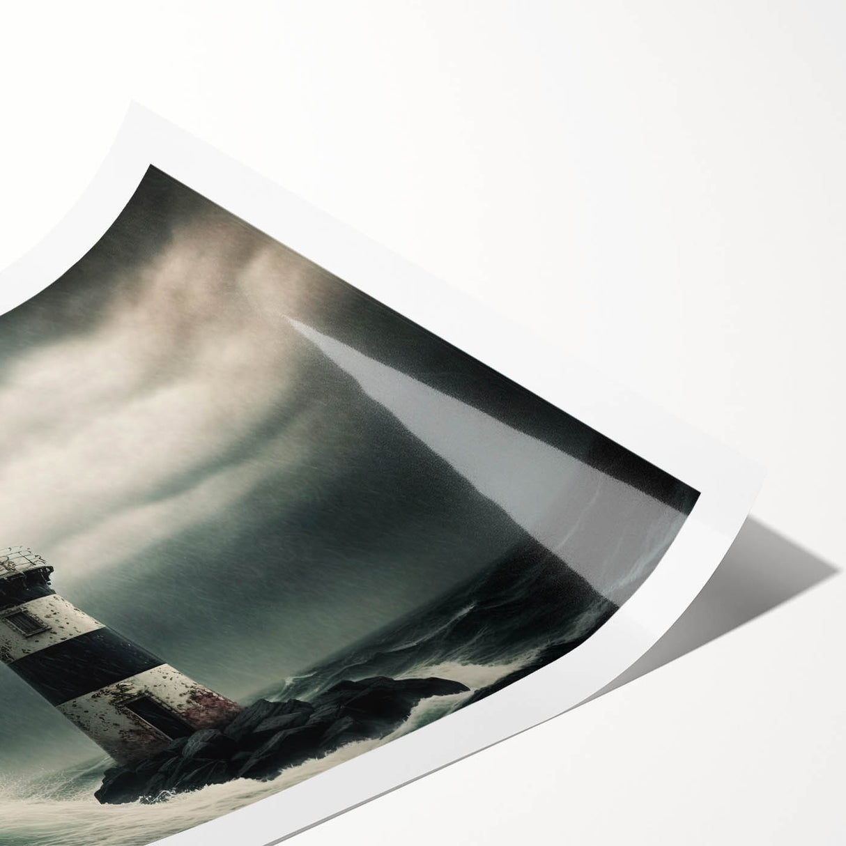 Rolled print of a serene lighthouse landscape design, showcasing vibrant colors and soft brushstrokes, perfect for coastal-themed decor or art enthusiasts.