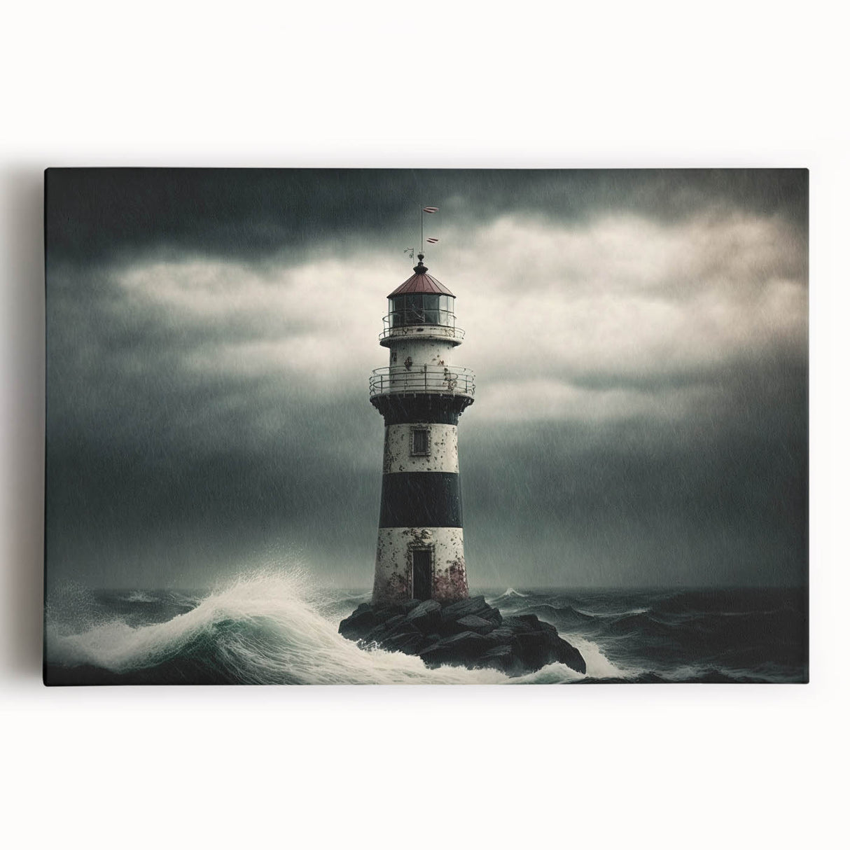 Vibrant stretched canvas wall art showcasing a coastal lighthouse design with a serene ocean backdrop, perfect for nautical-themed home decor.