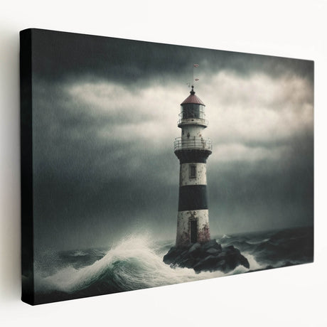 Stretched canvas artwork showcasing a vibrant lighthouse design against a serene landscape, featuring bold colors and intricate details, perfect for coastal-themed decor.
