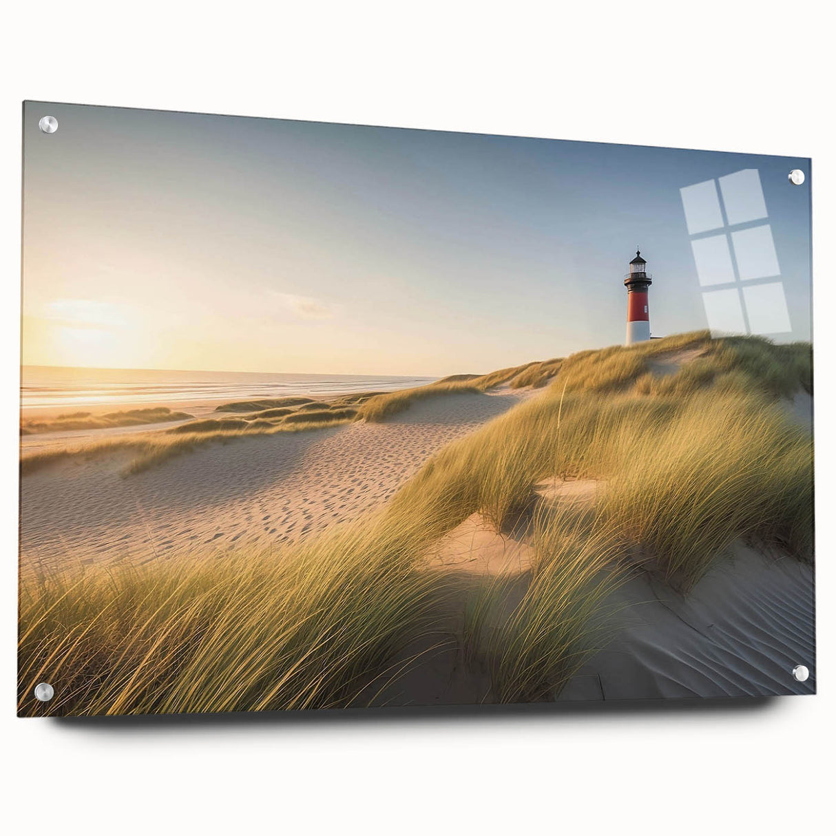 Acrylic glass wall art showcasing a vibrant lighthouse landscape design from the 35-piece collection, featuring a side view with pins for easy display and a coastal theme.