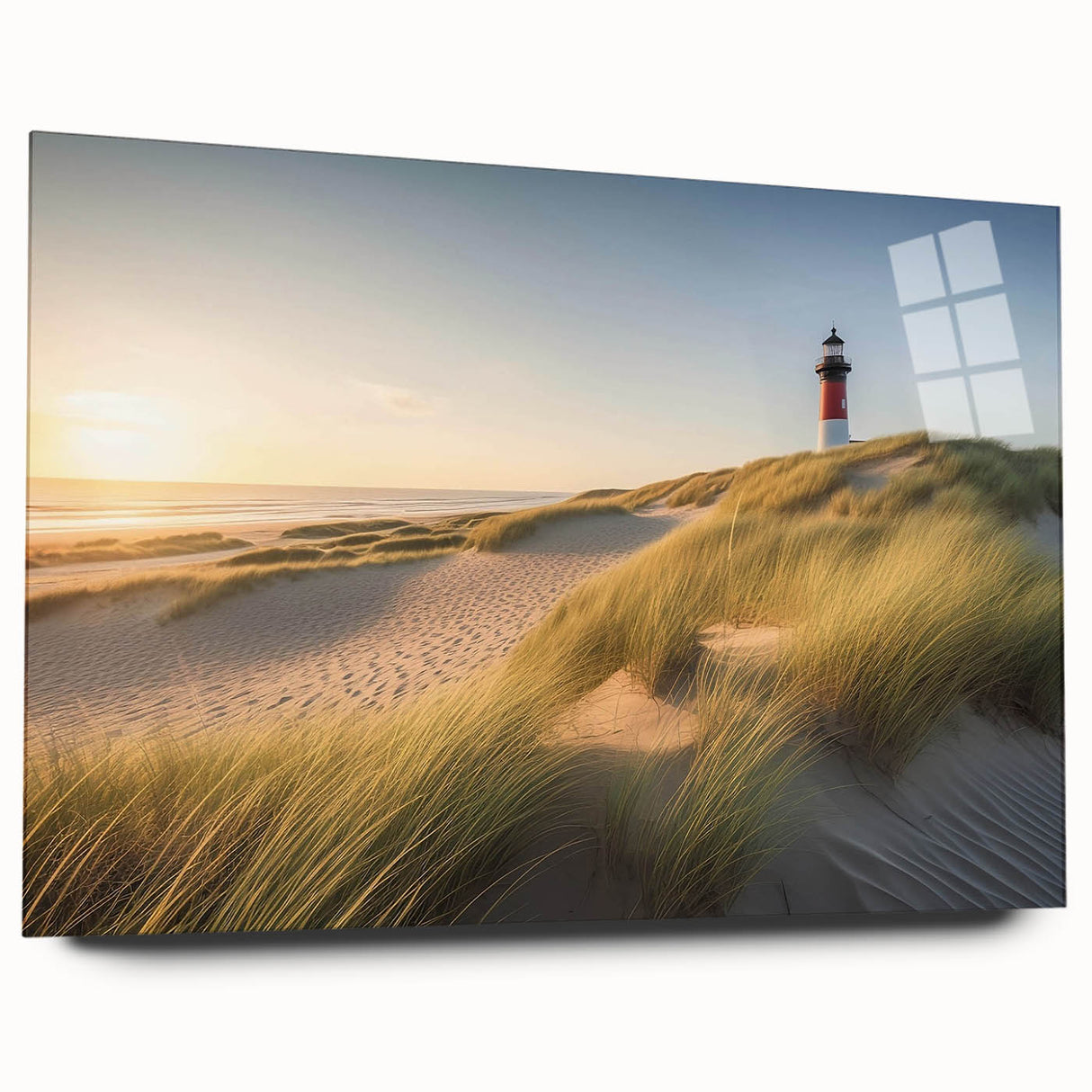Acrylic glass wall art featuring a serene lighthouse landscape design, showcasing vibrant colors and intricate details, perfect for coastal-themed decor.
