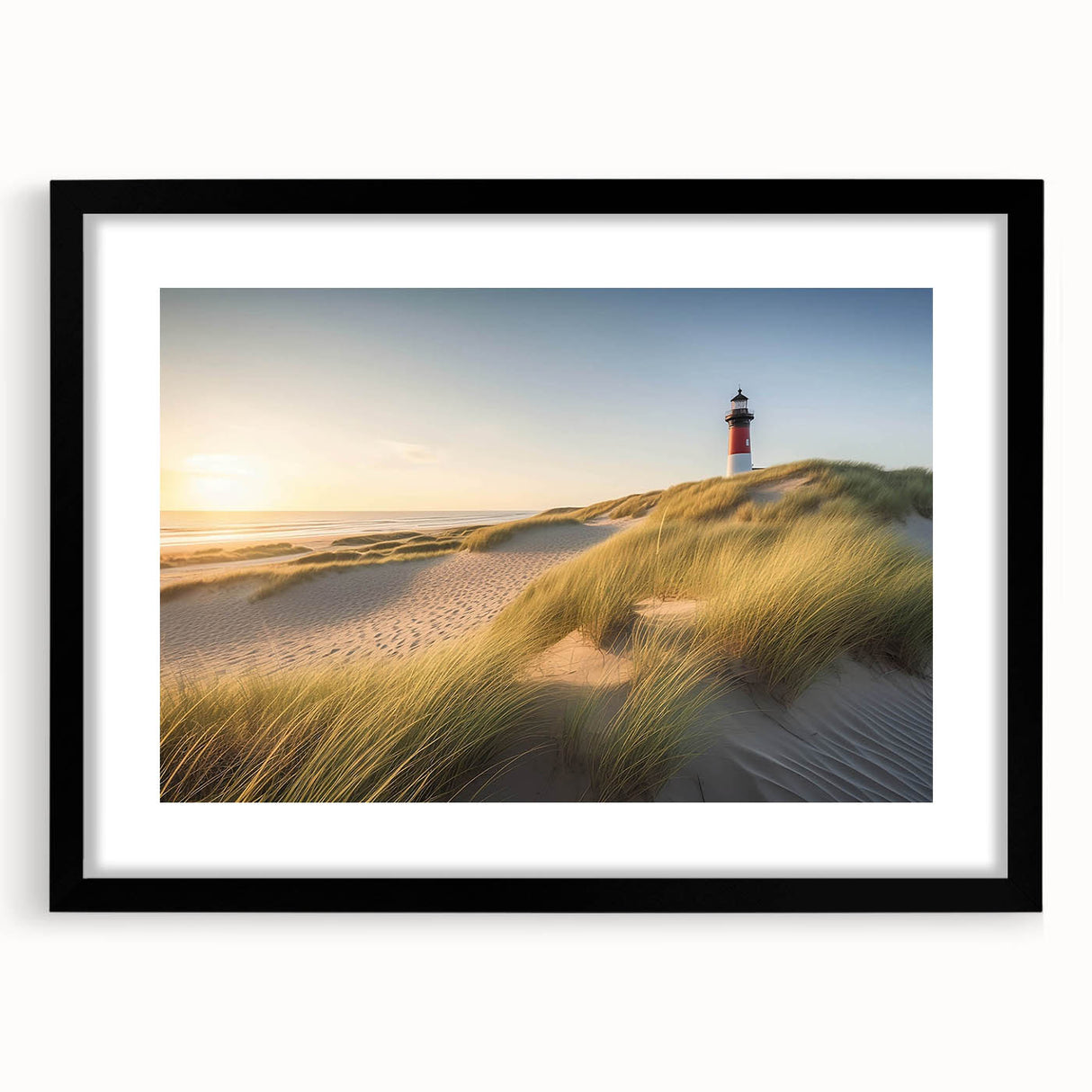 Framed wall art featuring a coastal lighthouse design with a black frame and mat, perfect for adding a serene nautical touch to home decor.